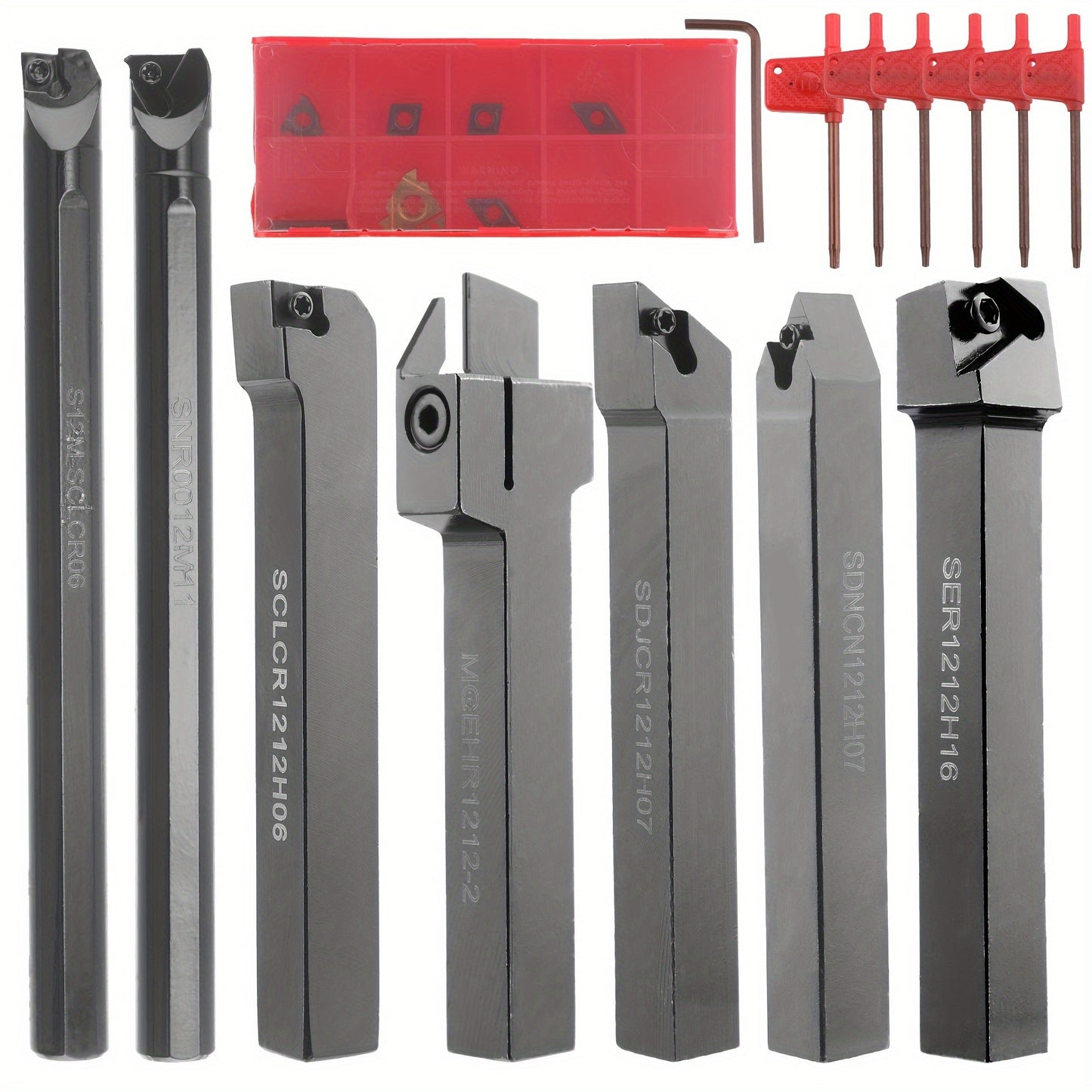 21-piece lathe tool set includes threading holder, boring bars, and carbide inserts for lathe threading, no electricity required.