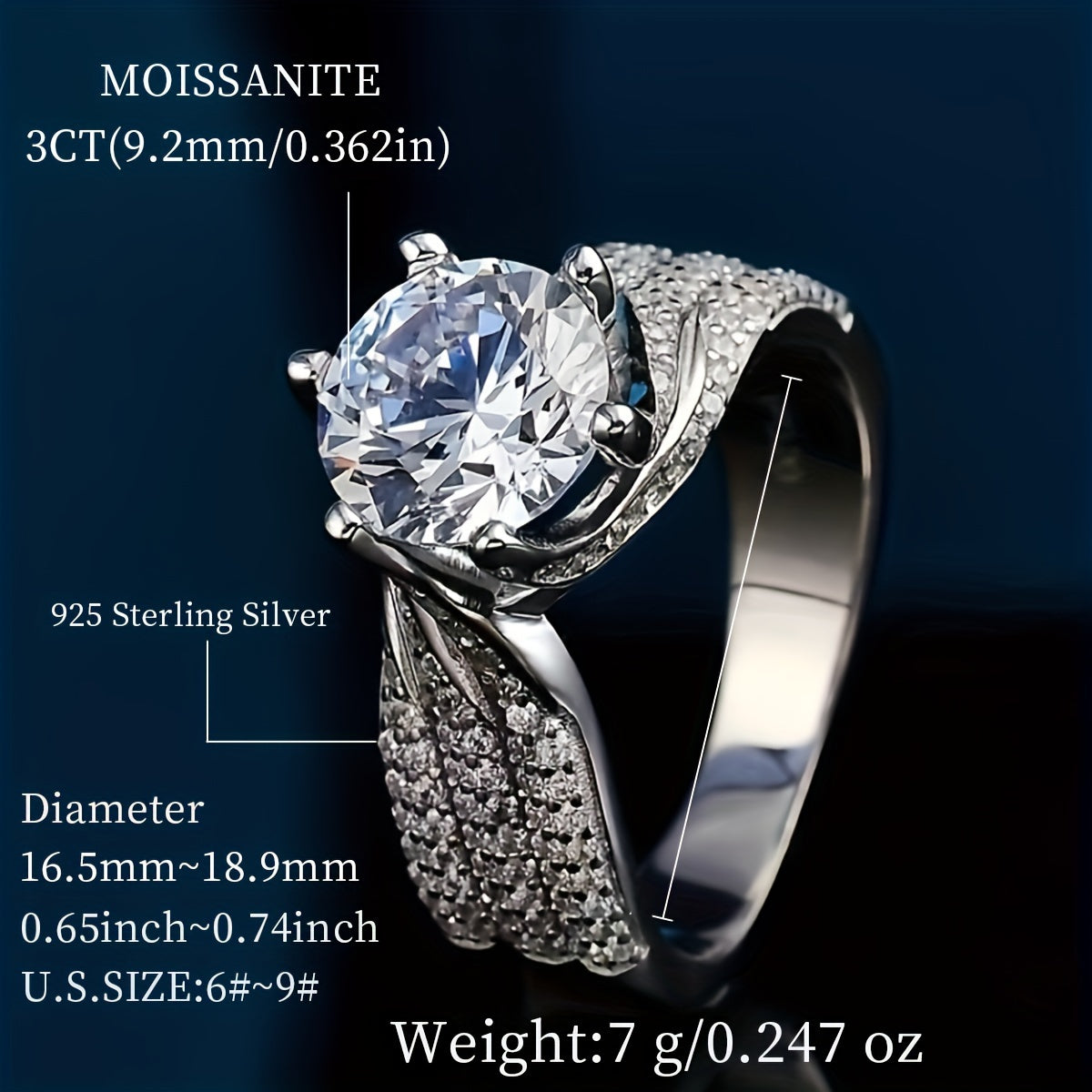 925 Sterling Silver Promise Ring with 3/5ct Moissanite stone, featuring a wide band paved with micro-shining zirconia for evening party decor. Comes with a certificate and box.