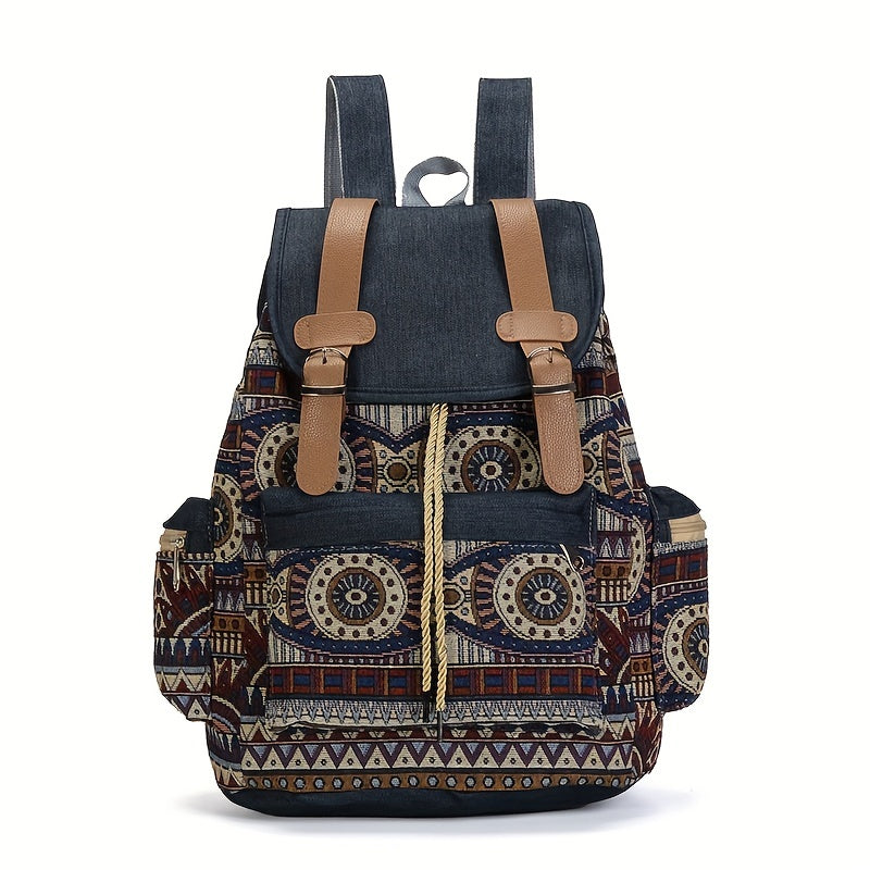 Boho Chic Women's Denim Backpack with Geometric Tribal Pattern, Adjustable Straps, Large Capacity, Multiple Compartments, Zippered Pockets, Blue & Brown Design.