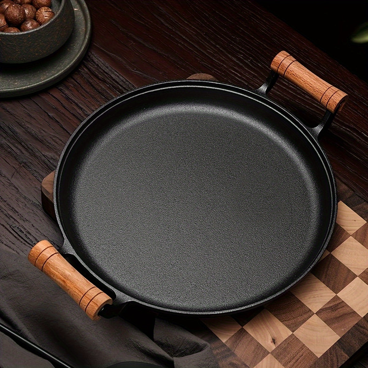 Cast Iron Skillet with Wooden Handle - Heat-Resistant, Hand Wash Recommended, Ideal for Home & Professional Kitchen