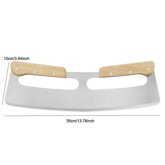 Half Moon Stainless Steel Pizza Cutter with Wooden Handle - Multi-Purpose Kitchen Utensil for Cutting Pies, Bread, and More.