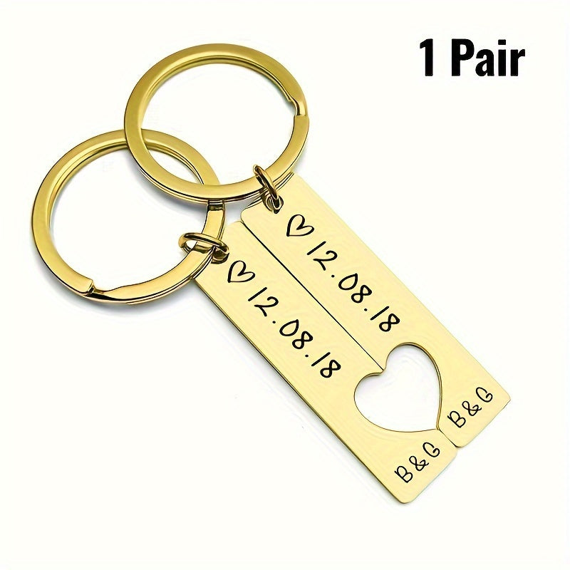 Personalized Hipster Style Couple Keychains with Date, made of high-quality stainless steel. Ideal Gift for Anniversary, Birthday, or Father's Day.