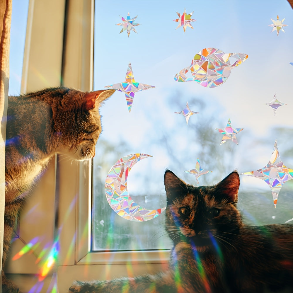 Boho Style Rainbow Prism Static Cling Window Stickers Set featuring Reusable Glitter Star and Moon Shapes, Shimmery PVC Suncatcher Decals with 5mil Thickness. Perfect for Eid Festival Glass Decor and Bird Collision Prevention.