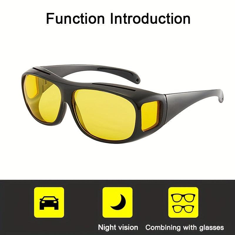 Night Driving Glasses set includes 2pcs for men and women, featuring oversized fashionable black frames for daytime and yellow lenses for nighttime.