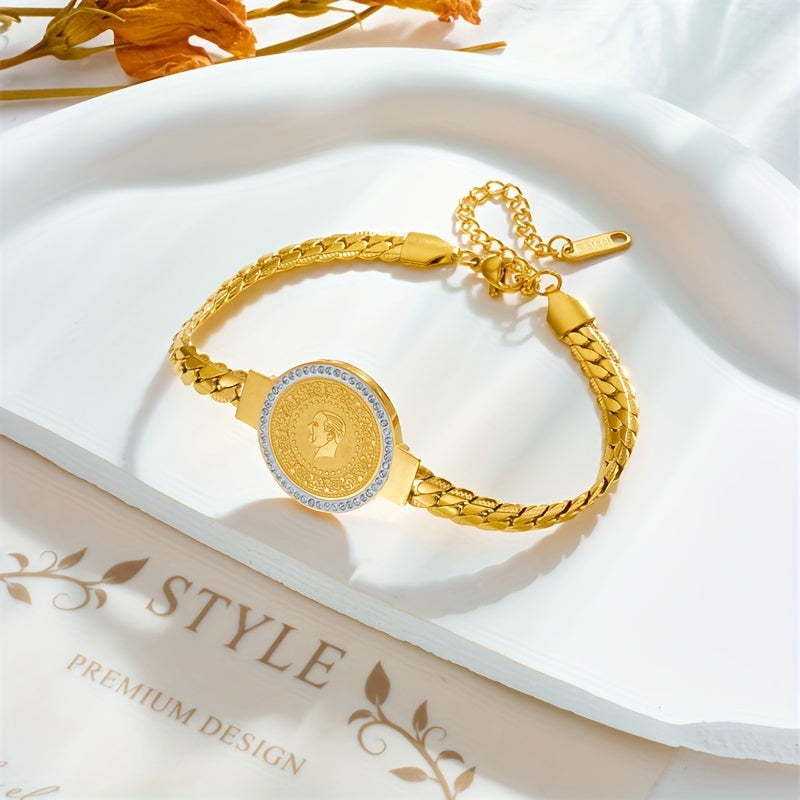 [Customer Favorite] Stylish Coin Bracelet in Golden-Tone Stainless Steel with Sparkling Rhinestone Details - Perfect Addition to Your Party and Banquet Outfits