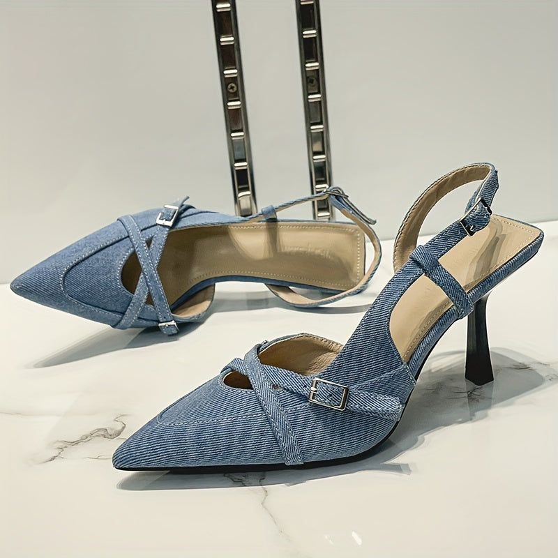 Blue cross strap women's high heel fashion sandals with pointed toe and hollow head.