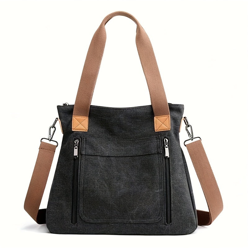 Vintage Women's Tote Bag with Large Capacity, Zipper Closure, and Detachable Strap