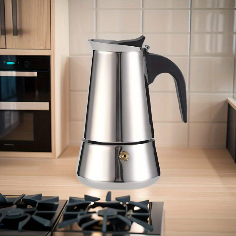 Durable Stainless Steel Moka Pot Espresso Maker for 2 Servings, Traditional Manual Coffee Brewer for Rich Coffee and Lattes, Stovetop Design for Non-Electric Operation.