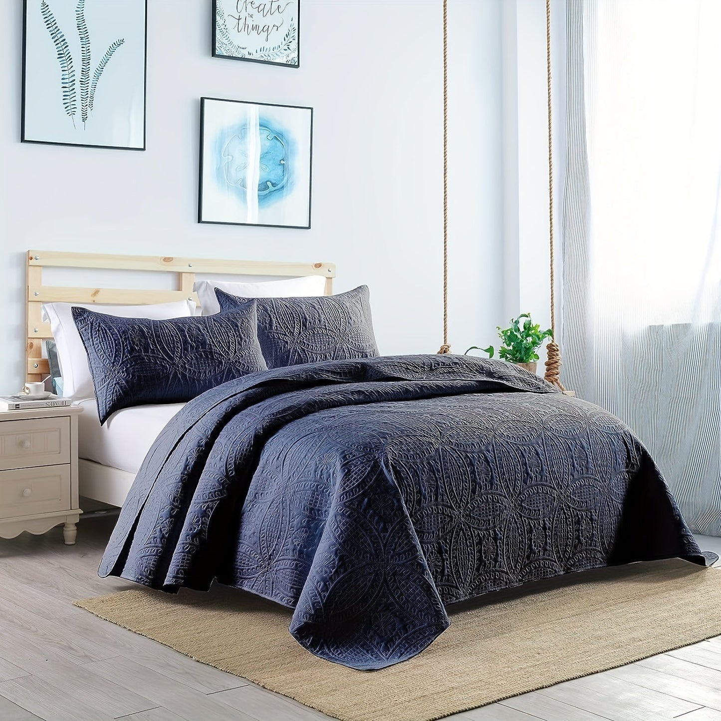 Comfortable and airy three-piece bedspread set featuring Soundwave technology and embossed circles design. Set includes one bedspread and two pillowcases, ideal for adding a touch of summer comfort to your bedroom or dorm decor. The perfect addition to