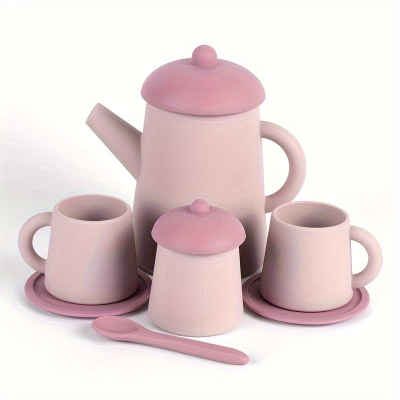 Set of silicone kitchen toys free of BPA, including a non-toxic tea cup. Perfect for pretend play for baby, children, and kids. Ideal for girls and boys, these soft silicone feeding cups also serve as early education toys. Includes miniature items and