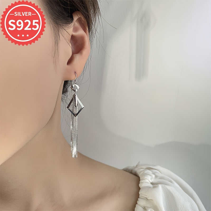 Beautiful 925 Sterling Silver Tassel Earrings with Geometric Diamond-Shaped Hollow Design, Hypoallergenic Long Leaf Fringe Ear Threads, Perfect for Everyday or Special Occasions, Ideal Christmas Gift - Lightweight at 4.5g