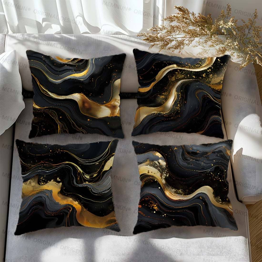 Set of 4 Black and Gold Fluid Painting Pillow Covers, Contemporary Style, 100% Polyester, Home Decoration, 17.71''x17.71''/45cm*45cm