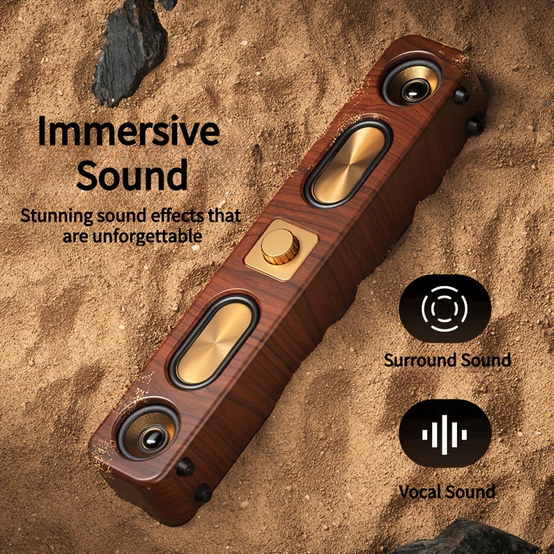 Portable wireless speaker with dual speakers, enhanced bass, rechargeable battery, wood grain design - perfect for parties and gifts.