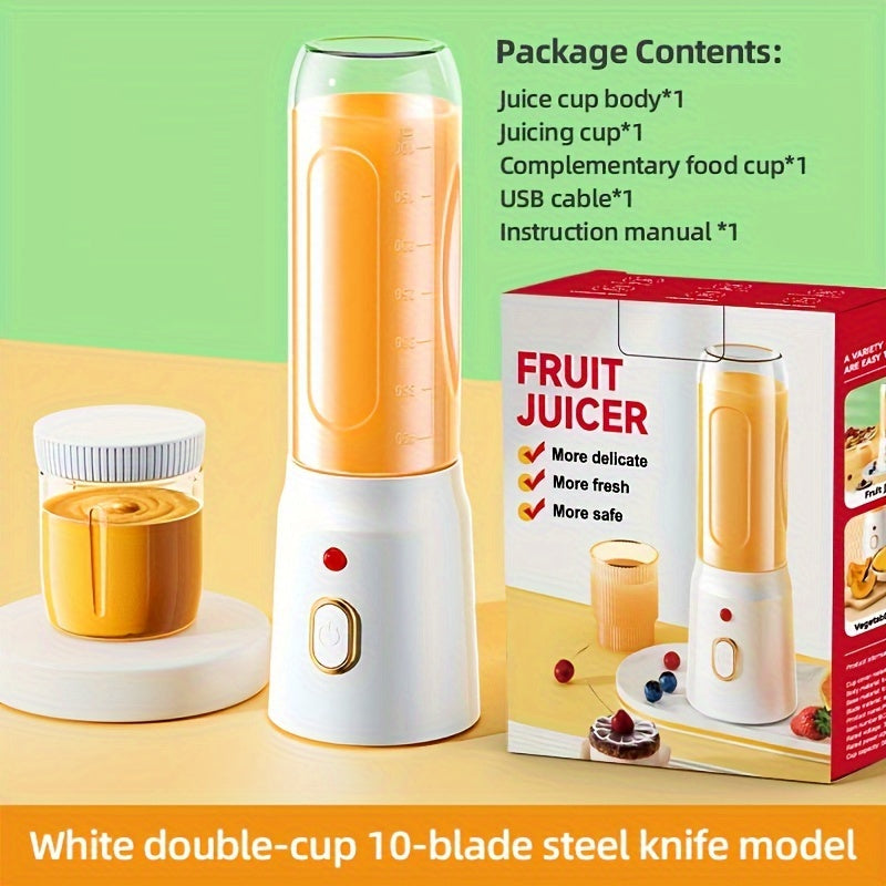 Compact and versatile citrus juicer cup with two bottles, USB rechargeable 450ml mini sports blender featuring a 10-blade cutter head. Ideal for making fruit and vegetable puree smoothies, this wireless lithium battery-powered device is perfect for