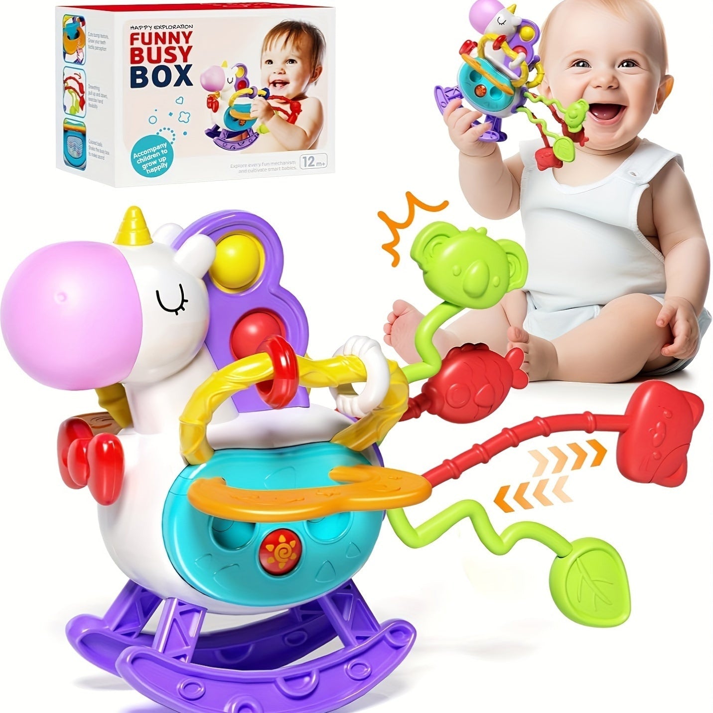 Unicorn-themed sensory toys designed for toddlers, featuring silicone pull-string activities for educational play and teething relief. Perfect birthday gifts for boys and girls ages 6, 9, 12, and 18 months.