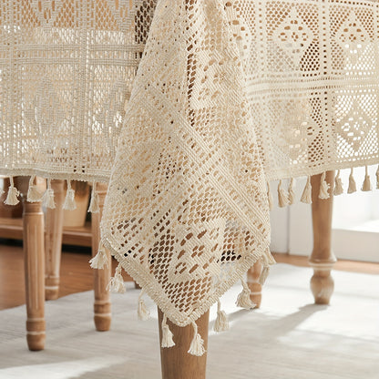 1 American Rustic Beige Crochet Tablecloth with Tassel Cover Towel - Dustproof for home parties and table settings.