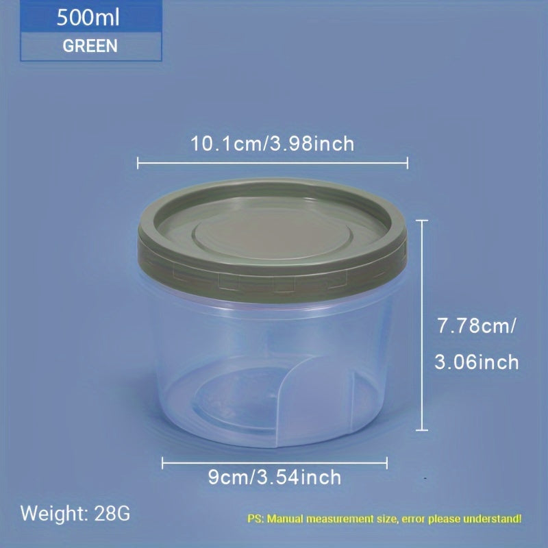 Five pieces of round plastic containers with reusable lids, ideal for storing food, snacks, and lunch. These small freezer storage jars come with screw lids and are microwave safe.