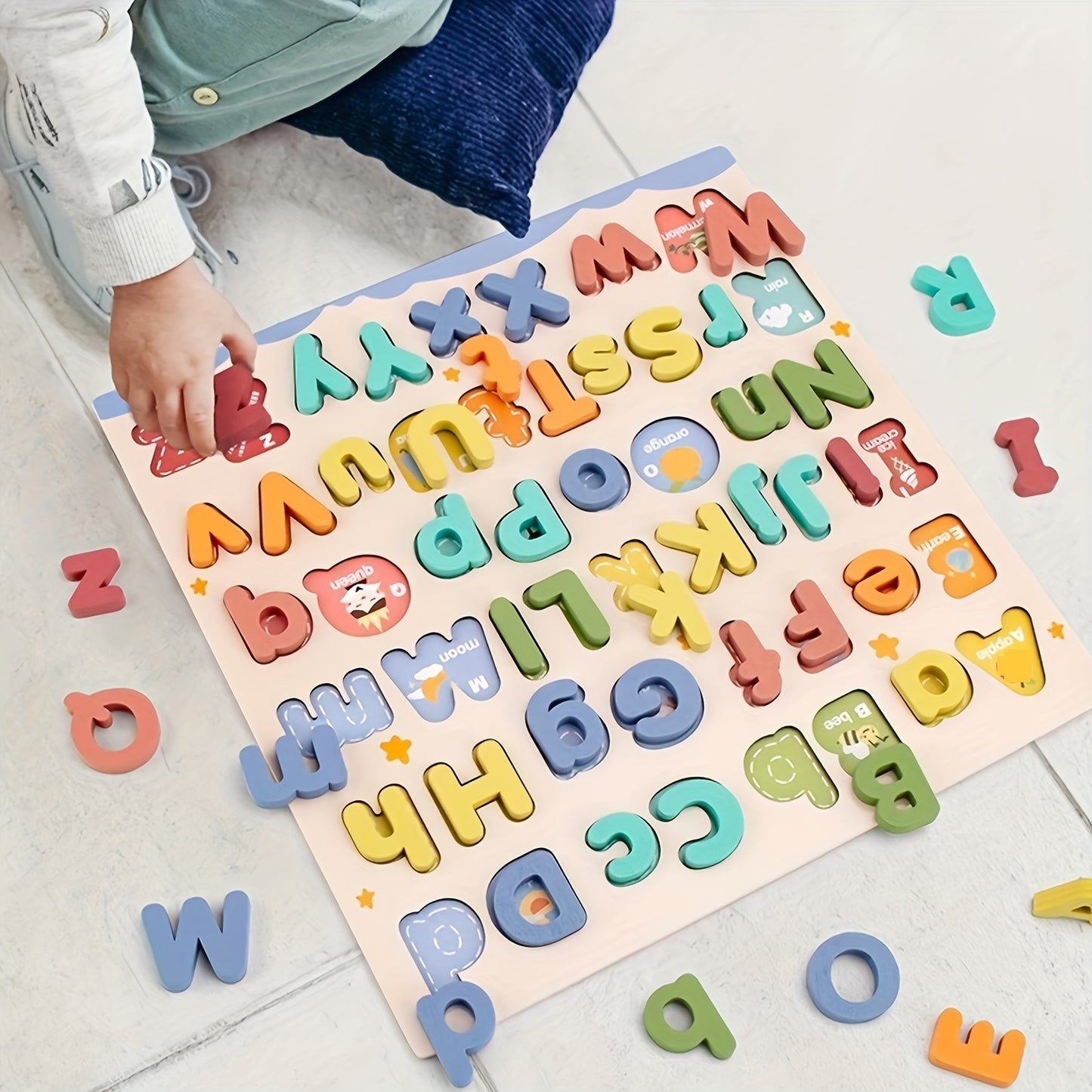 Wooden Alphabet Puzzle Board for Kids - 52pcs, includes Uppercase & Lowercase Letters - Educational Toy for Cognitive Development - Ages 3+