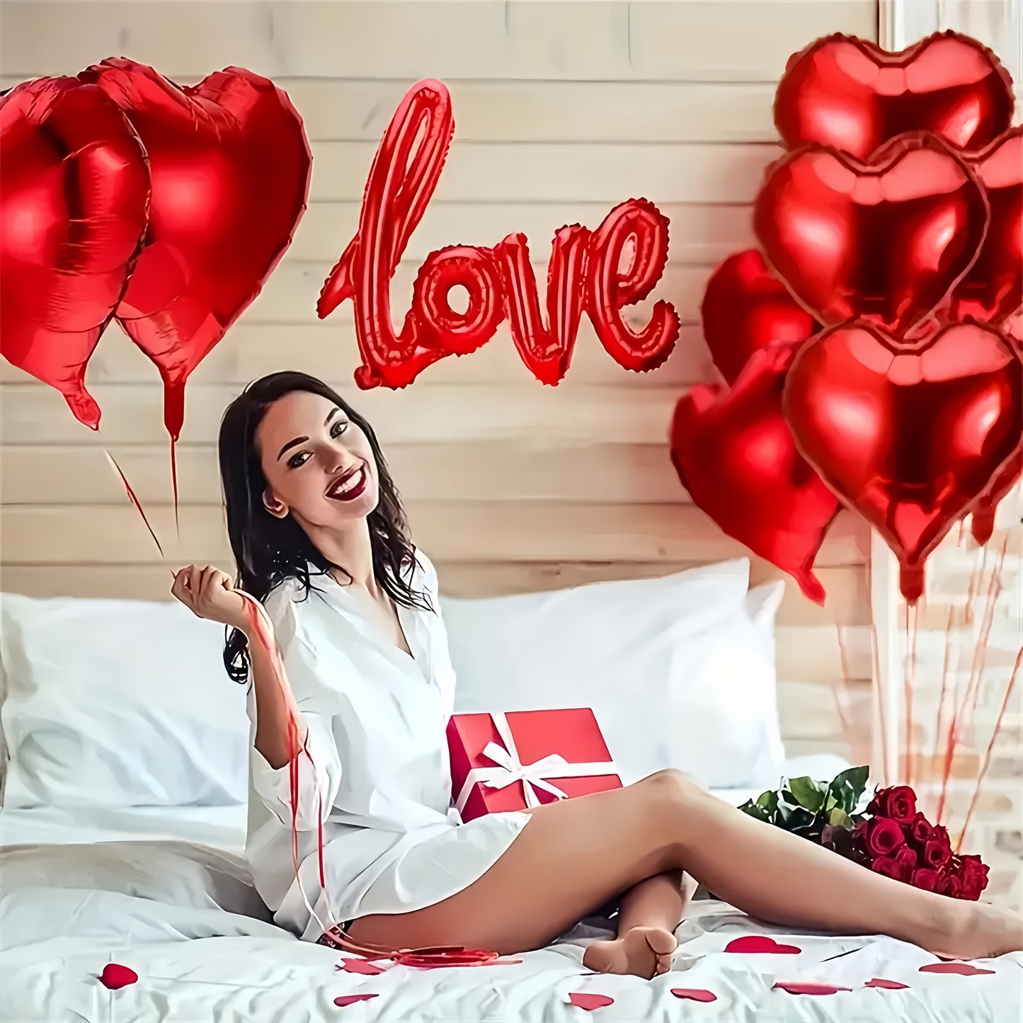 Romantic Valentine's Day decoration kit includes 1 set of balloons, 500 red rose petals, 20 red heart foil balloons, and 1 love letter balloon. Perfect for various celebrations and