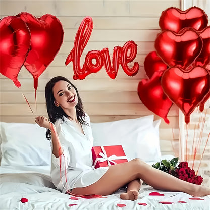 Romantic Valentine's Day decoration kit includes 1 set of balloons, 500 red rose petals, 20 red heart foil balloons, and 1 love letter balloon. Perfect for various celebrations and