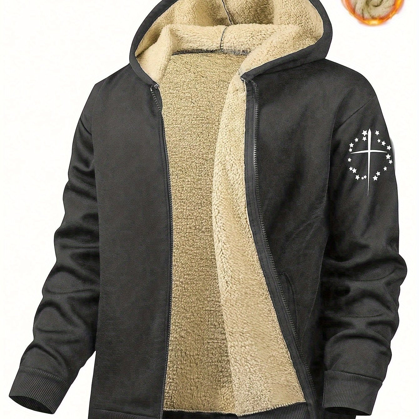 Men's casual print hooded jacket made from polyester knit fabric with slight stretch. Regular fit zip-up top with pockets, suitable for weekend and mature occasions. Ideal for fall/winter