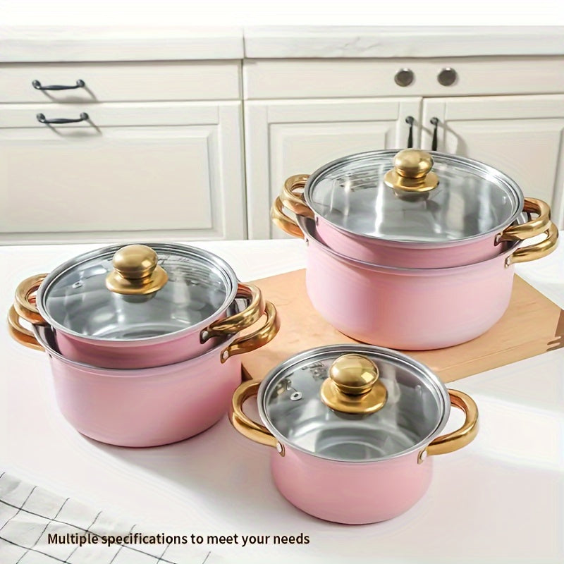 A set of 10 stainless steel soup pots including 5 pots and 5 lids, featuring glass lids and golden handles. These non-stick pots are perfect for a stylish addition to your kitchen and household cookware collection.