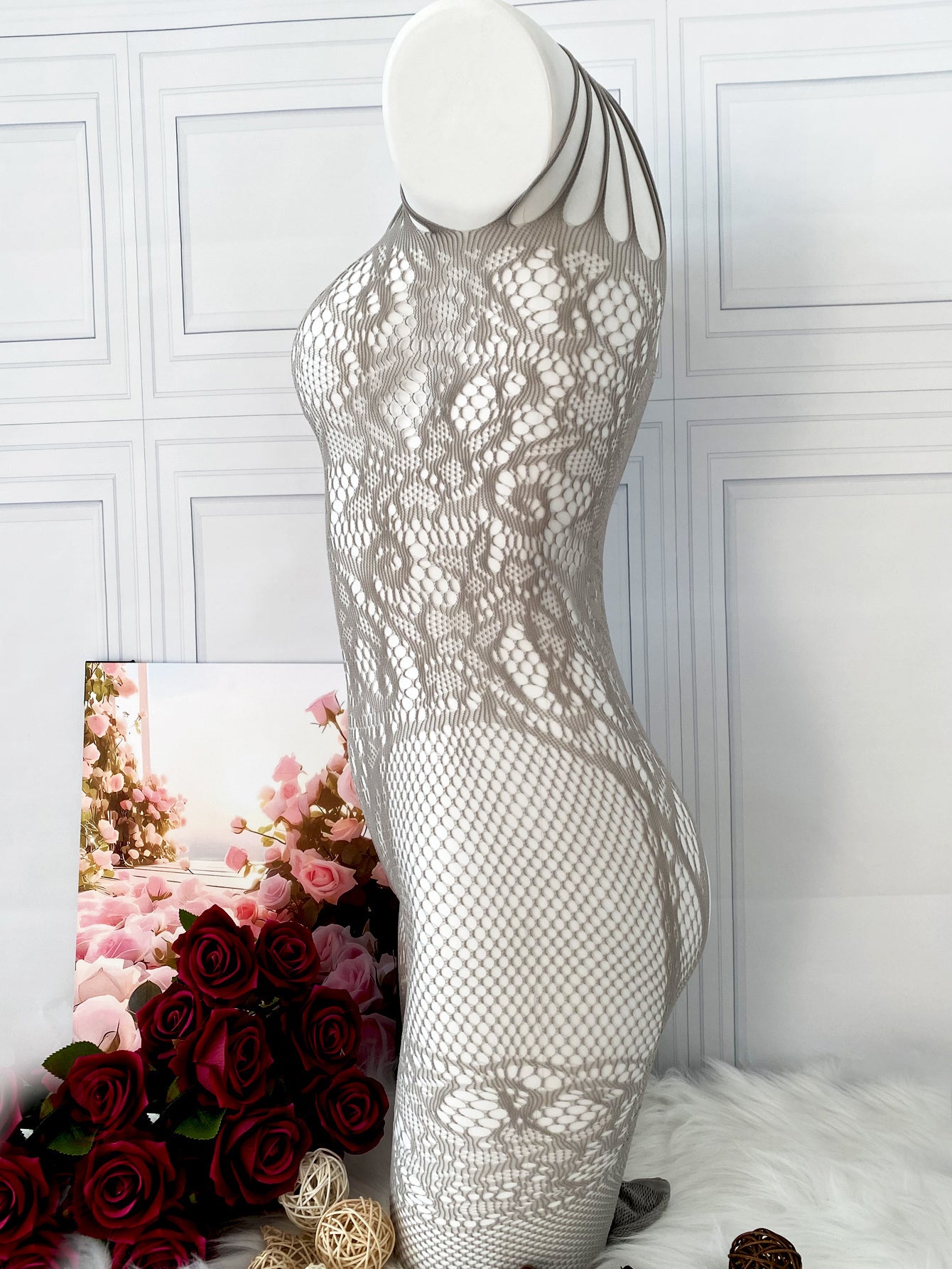 Sexy fishnet and jacquard bodystocking for intimate occasions like Valentine's Day or wedding nights.