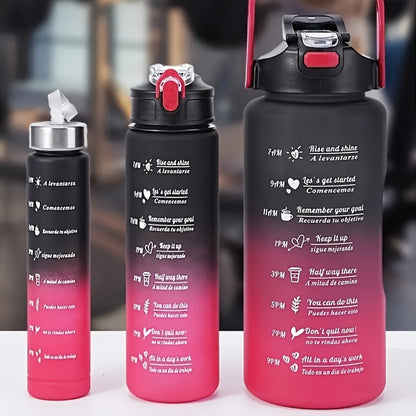 Set of three gradient sports water bottles with time markers, straws, and leak-proof design made of BPA-free PC material. Perfect for various activities and gifting occasions.