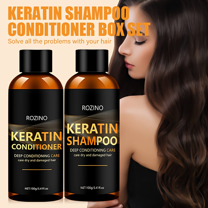 ROZINO Keratin Shampoo and Conditioner Set: Deeply conditions and cleans dry hair, unisex, glycerin-enriched for smooth, silky finish with long-lasting hydration and scent.