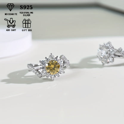 This Sunflower Ring in S925 Sterling Silver is adorned with a stunning 1Ct Colored Moissanite. It is low allergic and exudes an elegant, bohemian style that is perfect for both daily wear and weddings. Presented in a Moissanite gift box, this ring is