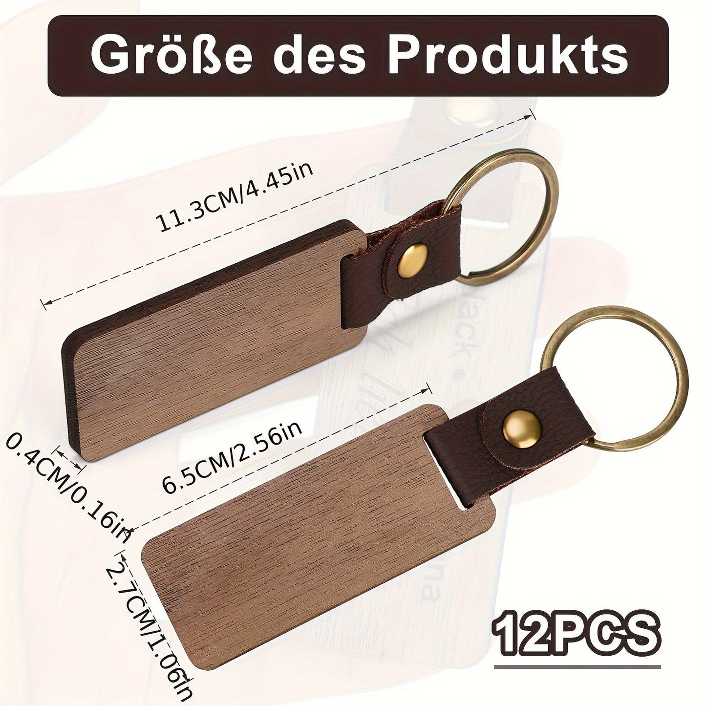 Customize your own set of 12 personalized wooden keychains with ring buckle, perfect for laser engraving. These DIY blank wood key rings are customizable for graduation, gifts, and crafts. Made with a durable walnut structure and leather strap, this