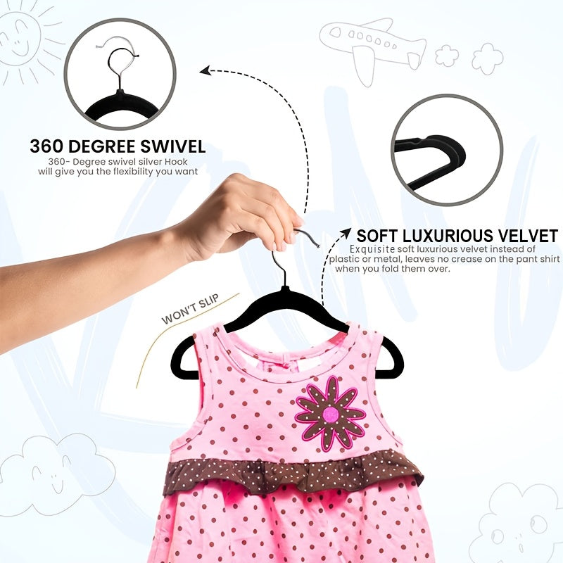 Get a 50 pack of cute and durable velvet baby hangers for your closet! These non-slip toddler hangers are the perfect size at 29.97 cm for your child's clothes. Perfect for newborns and children.