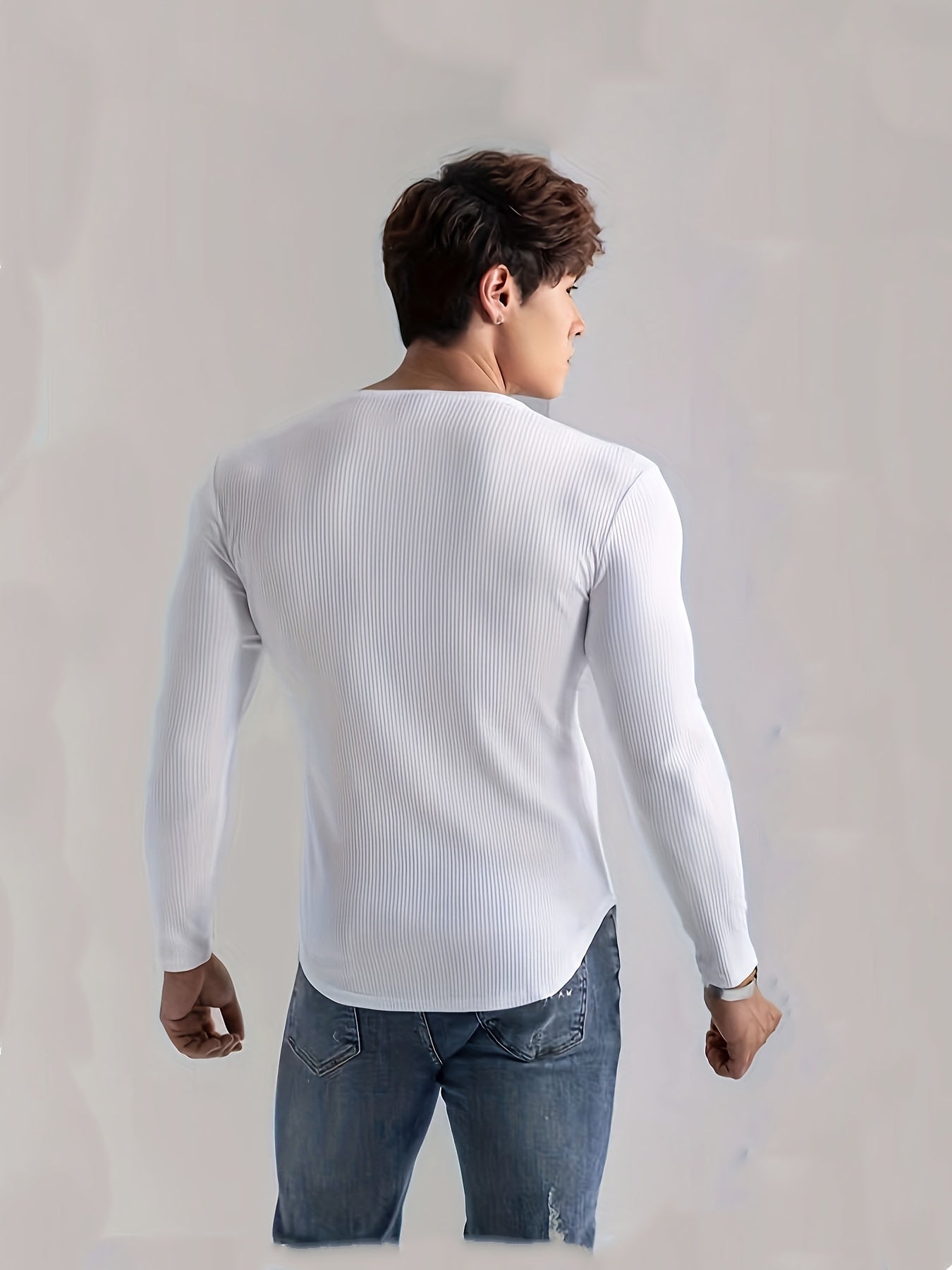 Men's solid color long sleeve V-neck t-shirt for comfortable and casual wear in spring and fall outdoor activities.