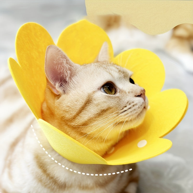 Sunflower-shaped cat recovery collar for post-surgery, adjustable Elizabeth collar for wound healing.