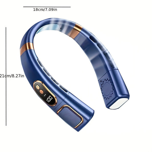 Qayta zaryadlanadigan USB portativ bo'yin ventilyatori, yaproqsiz dizayn, ikki burchakli ventilyatsiya, raqamli ko'rsatkich va xavfsiz va qulay ichki yoki tashqi shaxsiy sovutish uchun mis rangli aksessuarlar bilan.