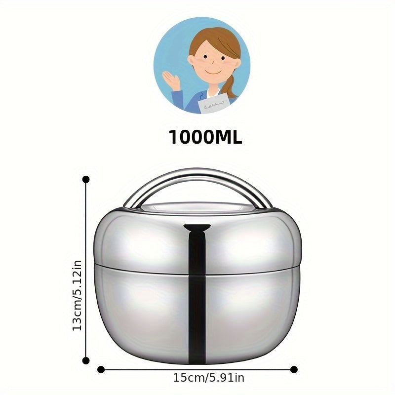 Round Stainless Steel Insulated Lunch Box - Double-Layer, Leakproof Bento Box for Office Workers & Students, Microwave Safe, Reusable Food Container