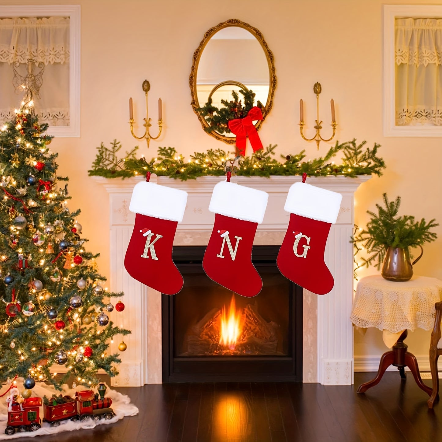 1pc Red Velvet Christmas Stocking with White Soft Cuff, Embroidered Xmas Decorations for Family Holiday Season