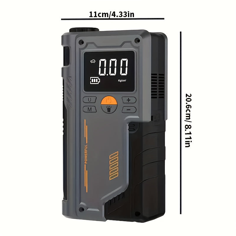 Portable car inflator pump with emergency night light and wireless power supply. Features 8000mAh lithium battery for tire inflation and emergency use.