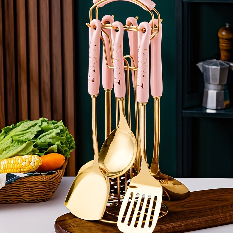 This kitchen utensils set includes seven pieces of Nordic light luxury kitchenware, consisting of a cooking shovel, spoon, ceramic-handled stainless steel spatula, and soup spoon. Perfect for parties, these kitchen supplies make great gifts for Christmas