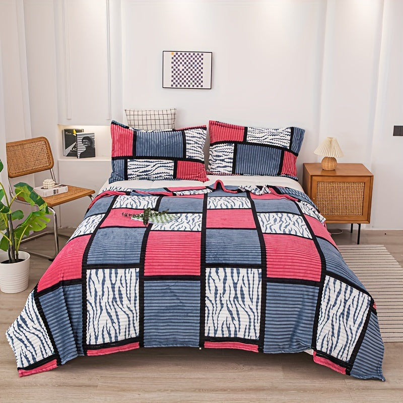 A cozy fleece blanket with whimsical stripes, ideal for snuggling up at work or having a quick snooze.