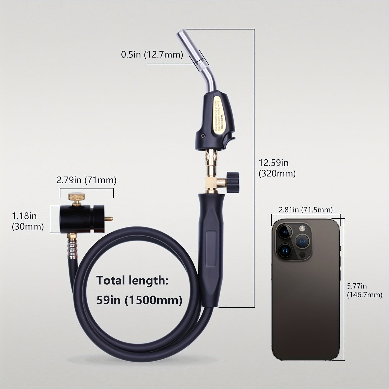 Single propane torch with hose, metal flame torch with trigger start and adjustable flame knob. Stainless steel head, compatible with propane for cooking, welding, and burning. No