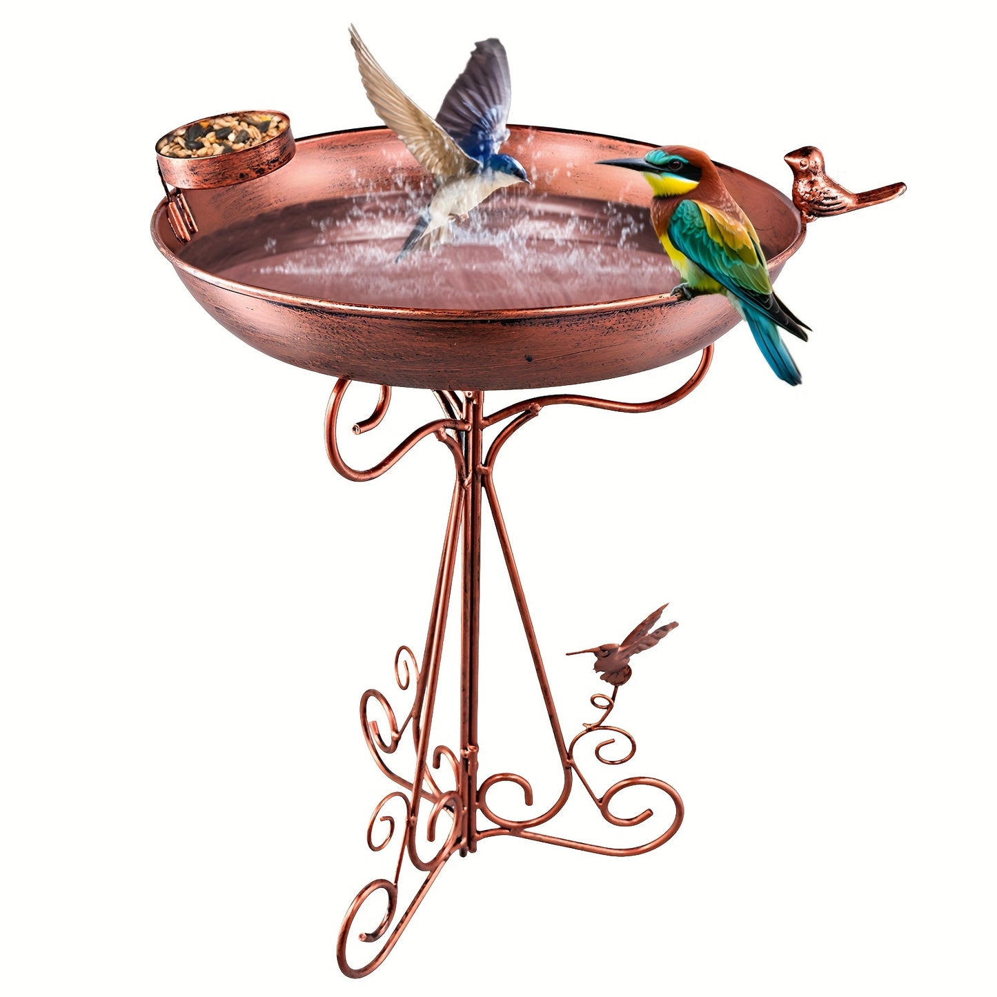 Vintage bird bath stand with 12-inch metal bowl and detachable folding iron base for outdoor use as a bird feeder station.