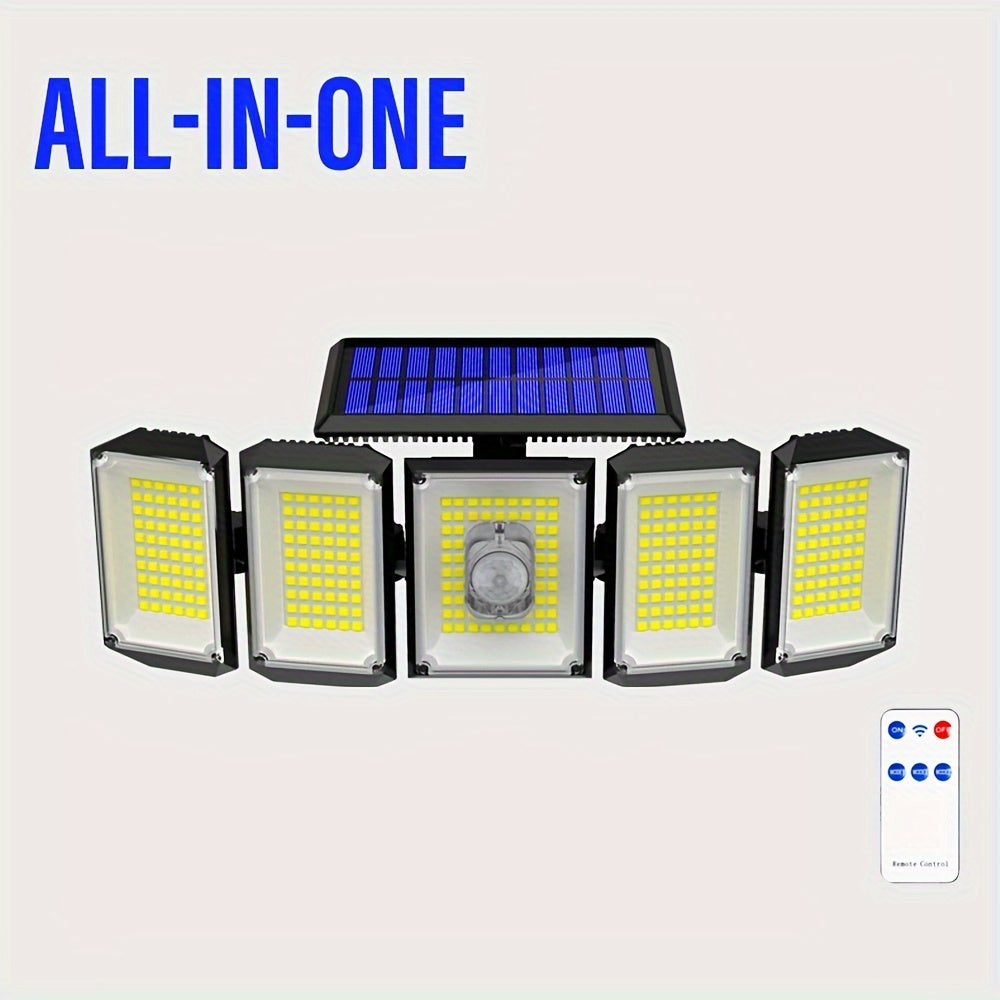 Solar Outdoor Security Light with Motion Sensor and 300 LED Flood Lights, 3 Modes, Foldable, Remote Control, Detachable Sconce, Plastic Shade, Solar Powered with Lithium Battery. Ideal for