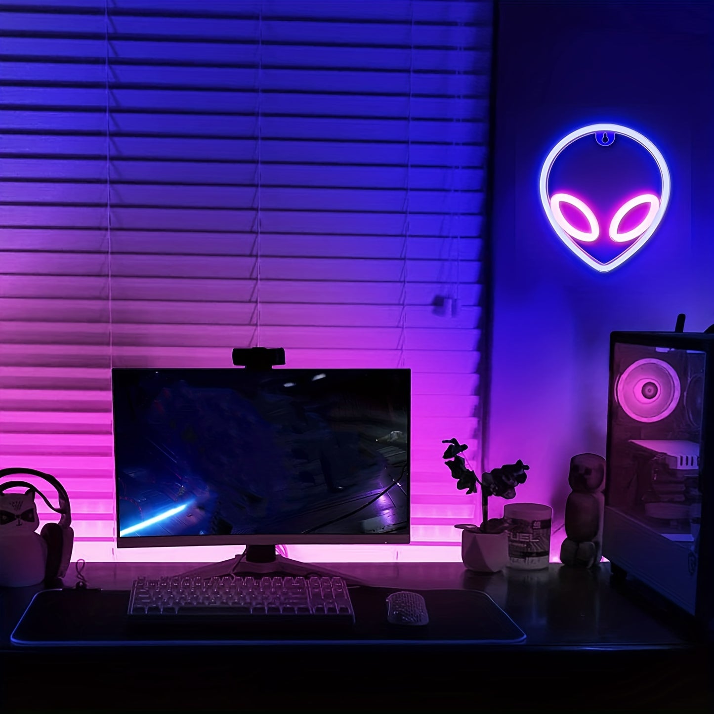 1pc Alien LED Neon Sign, 22.0x19.48cm - Dual USB/Battery powered, Easy to mount on wall, Blue & Pink UFO-inspired light for bedroom/game room decor - Aesthetic, Plug-free.