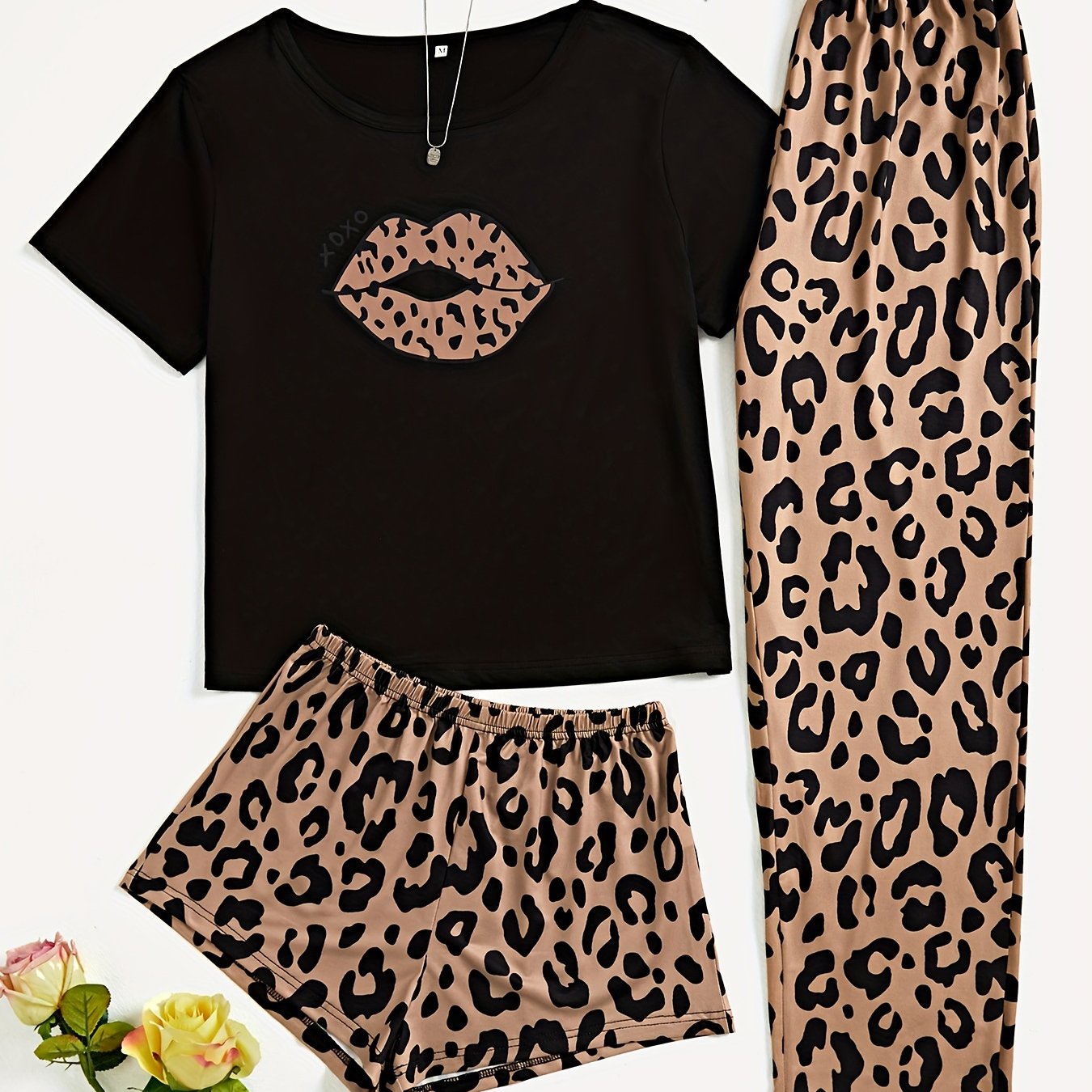 3pc Lips & Leopard Print Pajama Set for Women: Short Sleeve Top, Shorts, and Long Pants with Slight Stretch, Breathable and Comfortable Loungewear for Sleep.