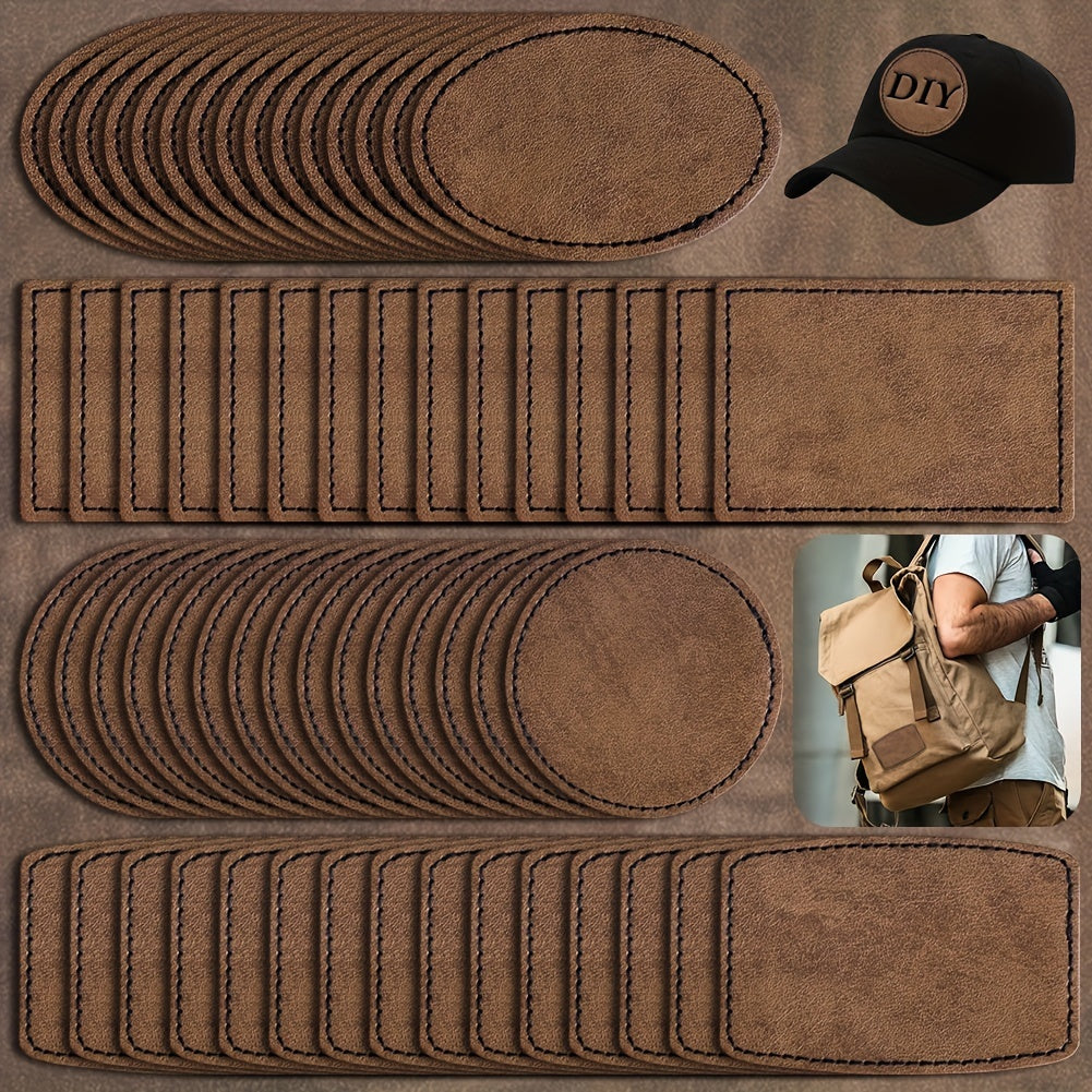 60 pieces of blank leather hat patches with adhesive, laser leatherette material in brown. These faux leather patches are perfect for hats, jackets, and backpacks. They come in multiple shapes and mixed styles, including round, oval, rectangle, and