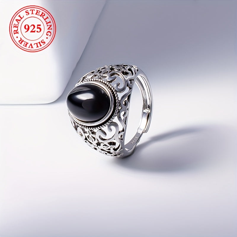 925 Sterling Silver Vintage Punk Style Ring with Adjustable Imitation Jade and Agate Stone, Ideal for Casual Wear or as a Gift