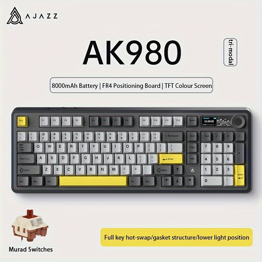 AJAZZ AK980 98-клавишная RGB механическая игровая клавиатура с беспроводным подключением 2.4G/5G, регулятором громкости, TFT цветным дисплеем, FR4 позиционной платой, конструкцией GASKET, полностью заменяемыми клавишами, аккумулятором на 8000 мАч.