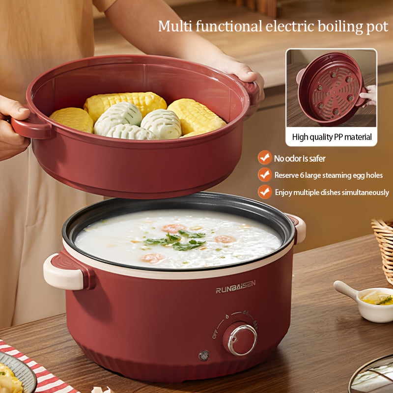 Electric cooking pot with a large capacity for home or car use, featuring a multi-functional design that combines a cooking pot, stir-fry pot, and steamer. Perfect for dormitories, this non-stick integrated pot can be used for various cooking needs.