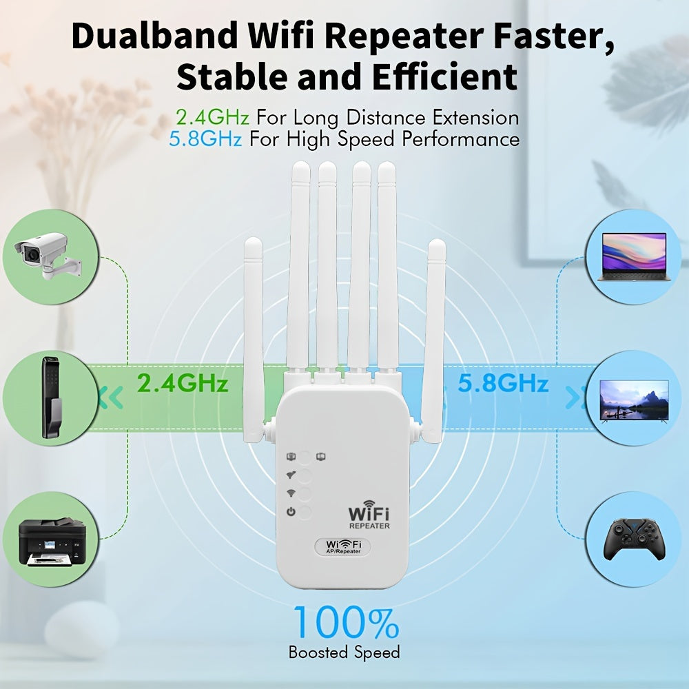 1 Momotor WiFi Extender boosts 2.4GHz signal with Ethernet port, power supply, European plug, non-waterproof design, and AP/Repeater modes for various settings.